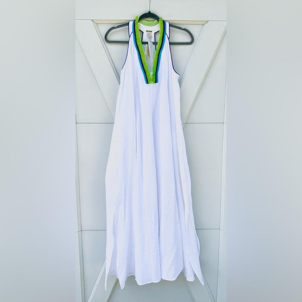 Magaschoni White Maxi Dress with Green and Blue Trim